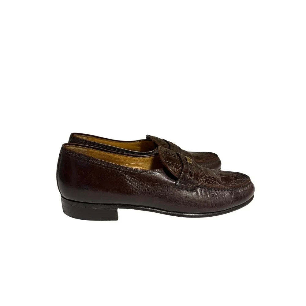 Bruno Magli Vintage Brown Leather Crocodile Texture Gold Logo Slip on Loafer - 6